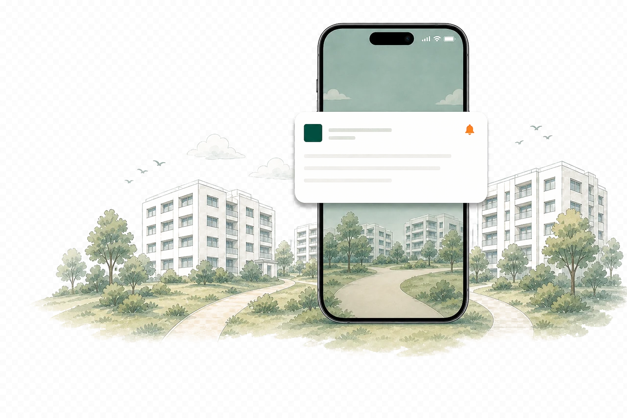 スマートフォンと住まいの風景を組み合わせたイラスト