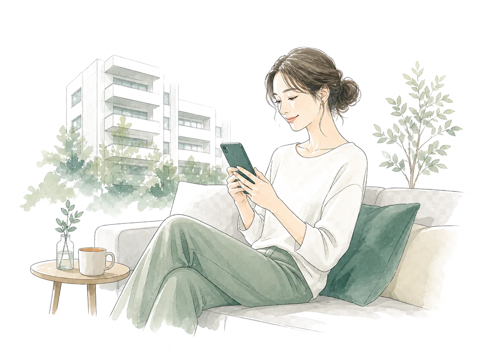 スマートフォンで空室情報を確認する女性のイラスト